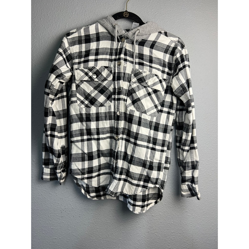 H&M Divided Grunge Black White Plaid Hooded Flannel Shirt Size 0 Small 607833-8